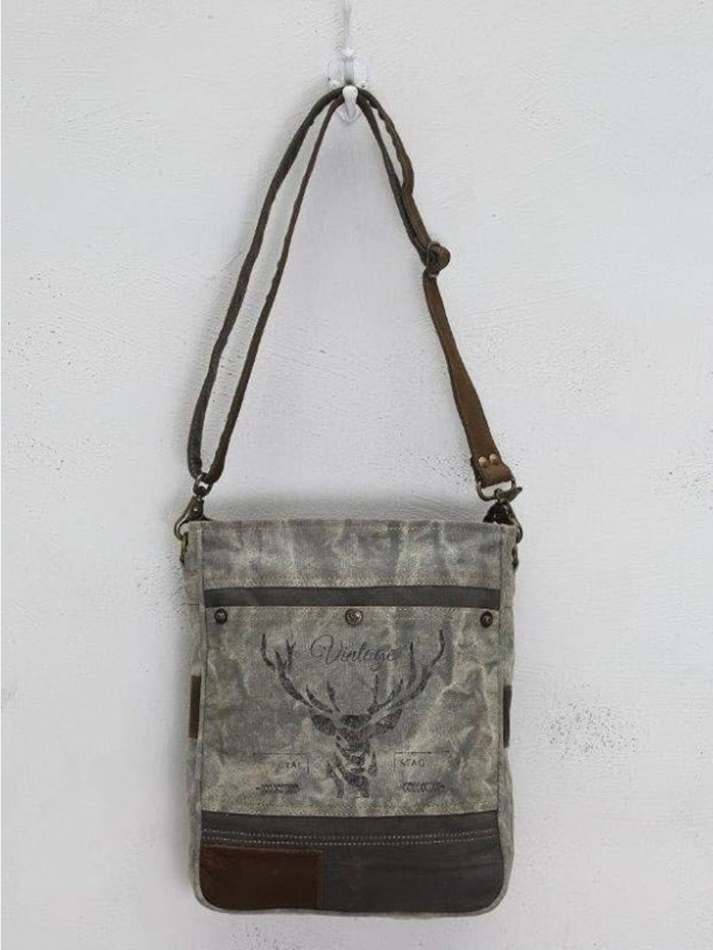 Myra Bag Royal Stag Vintage Upcycled Canvas Shoulder Bag grey.